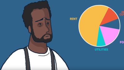 Illustration of man looking at pie chart of his expenses