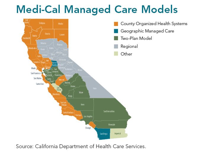 California map showing models of Medi-Cal managed care, county