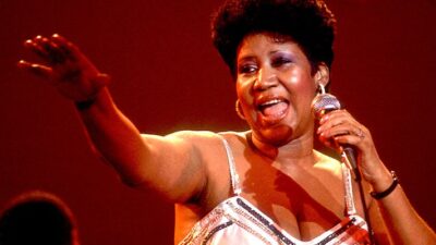 Aretha Franklin At Park West American musician Aretha Franklin performs on stage at the Park West Auditorium, Chicago, Illinois, March 23, 1992. (Photo by Paul Natkin/Getty Images)