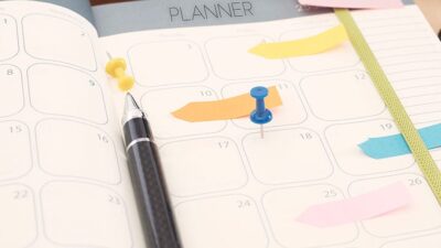 closeup of calendar-style planner notebook