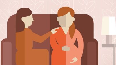 Illustration of a woman listening to a pregnant woman at home