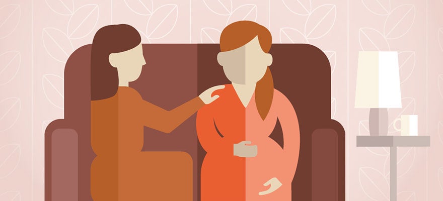 Illustration of a woman listening to a pregnant woman at home