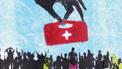 Illustration of hand taking away healthcare from a crowd
