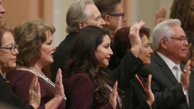 Members of the state Senate take the oath of office, Monday, Dec. 3, 2018, in Sacramento, Calif.