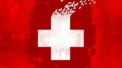 Illustration of white medical cross turning into money and blowing away against red background
