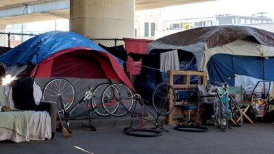 Tents pitched under freeway in Oakland, CA