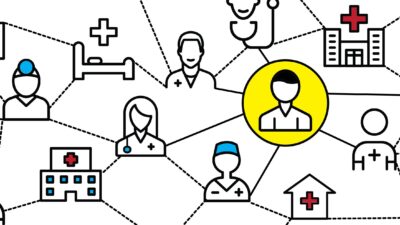 Illustration of patient with many doctors communicating amongst themselves.