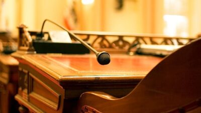 desk with microphone in a government setting