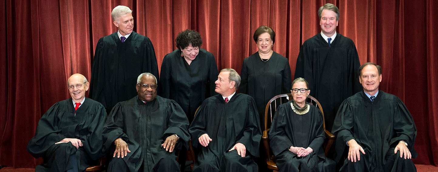 The Supreme Court Justices pose for their official group portrait in the Supreme Court on November 30, 2018 in Washington, D.C. Seated from left: Associate Justice Stephen Breyer, Associate Justice Clarence Thomas, Chief Justice John G. Roberts, Associate Justice Ruth Bader Ginsburg and Associate Justice Samuel Alito, Jr. Standing behind from left: Associate Justice Neil Gorsuch, Associate Justice Sonia Sotomayor, Associate Justice Elena Kagan and Associate Justice Brett M. Kavanaugh.