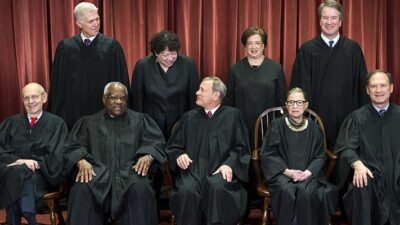 The Supreme Court Justices pose for their official group portrait in the Supreme Court on November 30, 2018 in Washington, D.C. Seated from left: Associate Justice Stephen Breyer, Associate Justice Clarence Thomas, Chief Justice John G. Roberts, Associate Justice Ruth Bader Ginsburg and Associate Justice Samuel Alito, Jr. Standing behind from left: Associate Justice Neil Gorsuch, Associate Justice Sonia Sotomayor, Associate Justice Elena Kagan and Associate Justice Brett M. Kavanaugh.