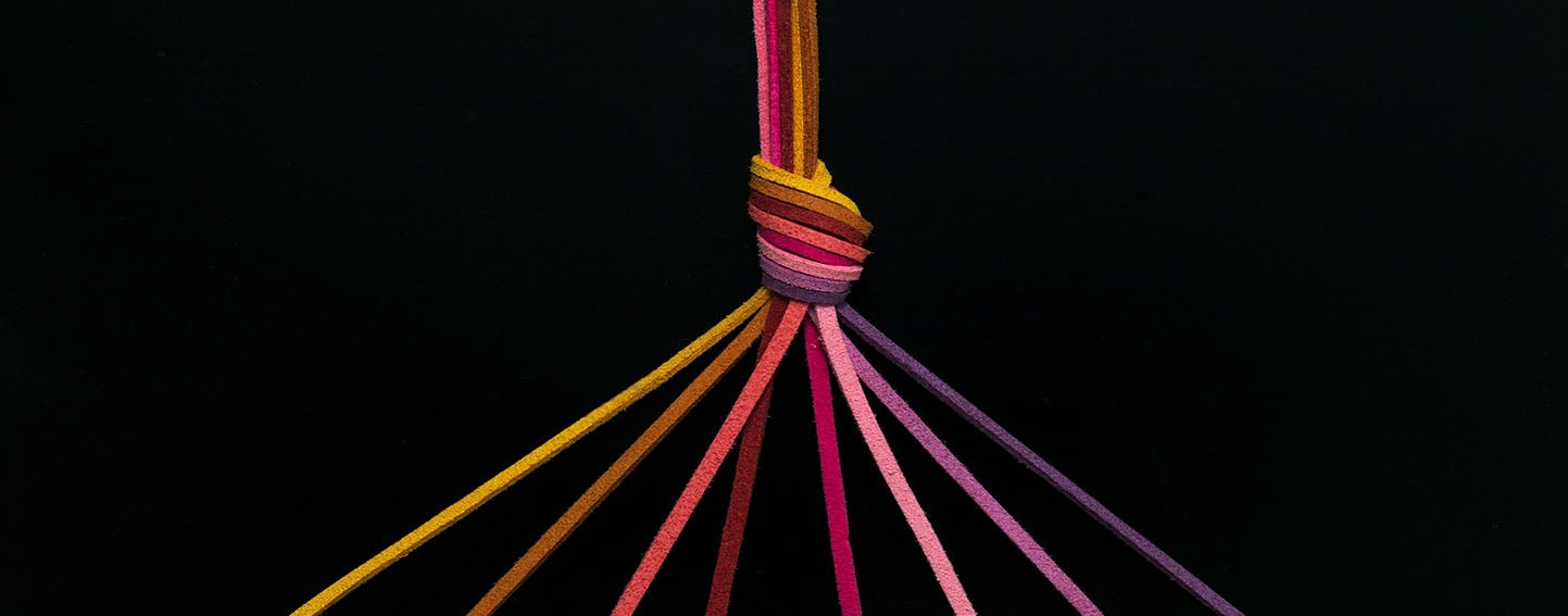 rainbow colored leather cords knotted to create a single strand