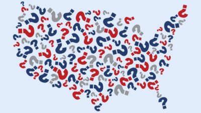 Map of the United States made up of blue and red question marks
