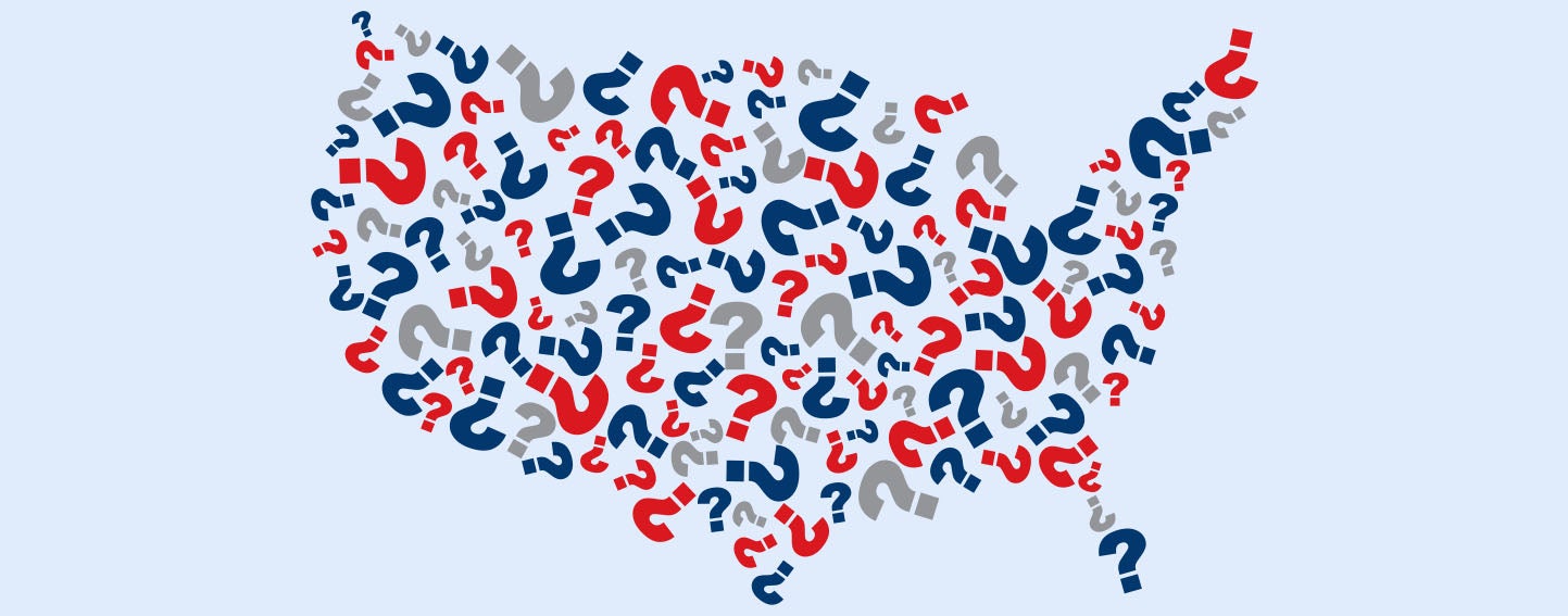 Map of the United States made up of blue and red question marks