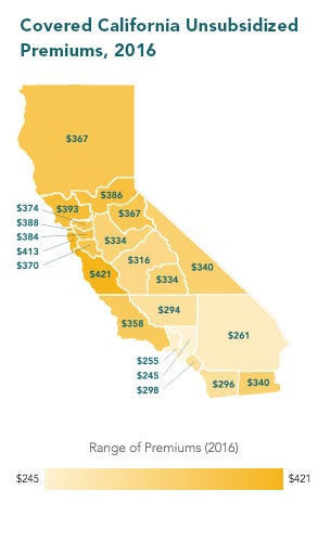 Map displaying Covered California unsubsidized premiums, 2016