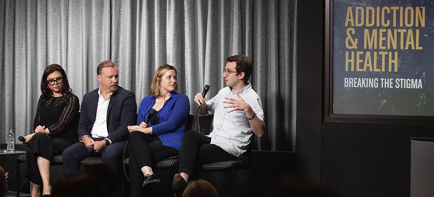 Journalist Zachary Siegel, right, at the Hollywood, Health, and Society event “Addiction & Mental Health: Breaking the Stigma.” Other panelists included, from left, Gemma Baker, co-creator of Mom; Corey Waller, MD, addiction expert; and Holly Daniels, PhD, California Association of Marriage and Family Therapists.