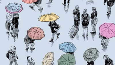 Illustration of people walking in the rain, some with umbrellas and some without.