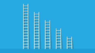 Illustration of five ladders, arranged tallest to shortest, leaning against a blue wall.