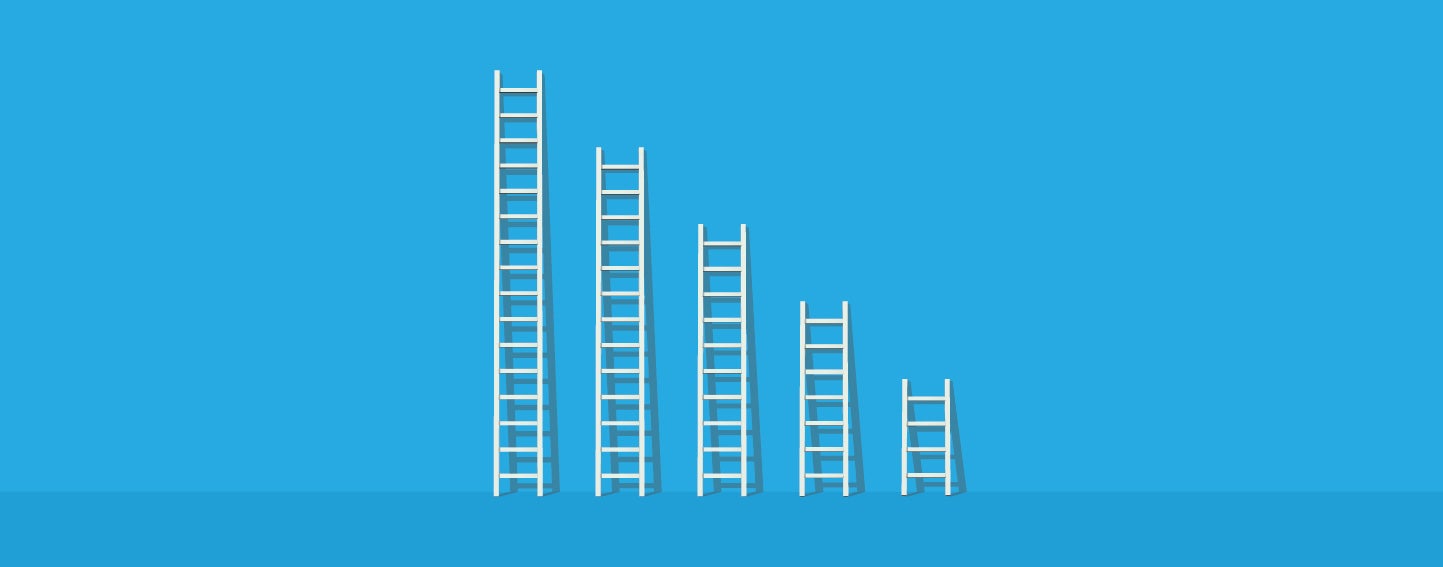 Illustration of five ladders, arranged tallest to shortest, leaning against a blue wall.