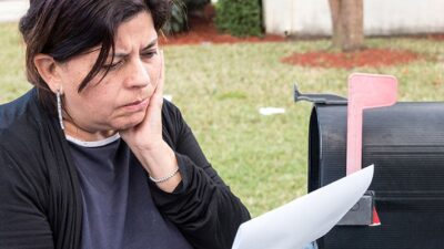 concerned woman reading mail at mailbox
