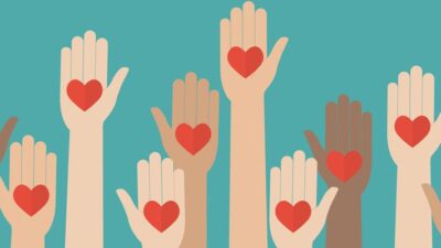 illustration of raised hands with the heart symbol on them