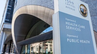 Entrance of the new Department of Health Care Services building in Sacramento, CA