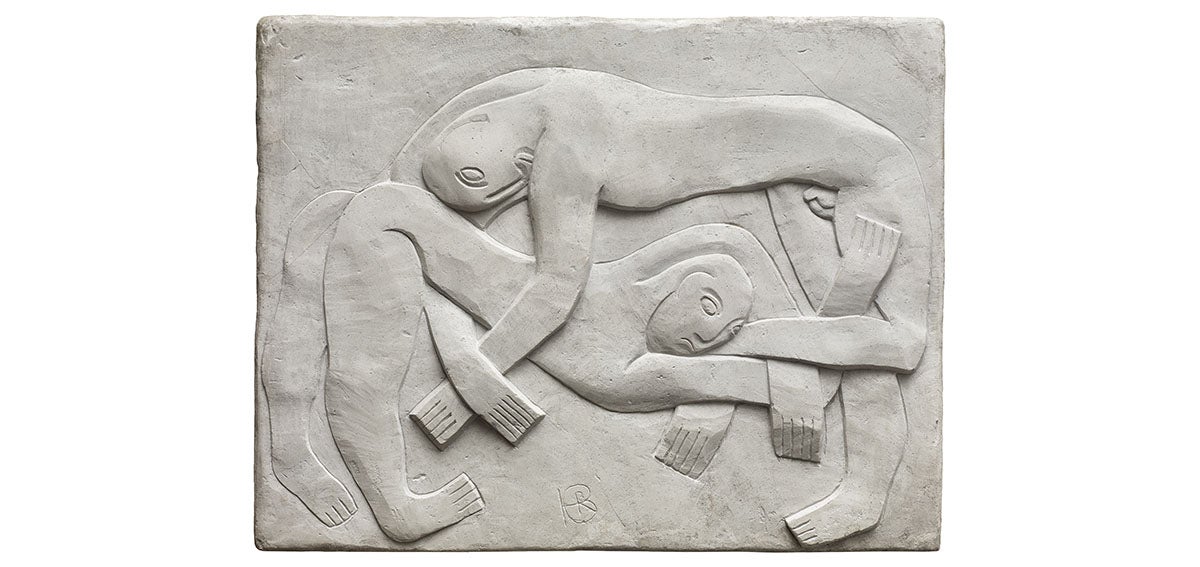 Plaster frieze of two wrestlers by artist, Henri Gaudier-Brzeska, 1914.