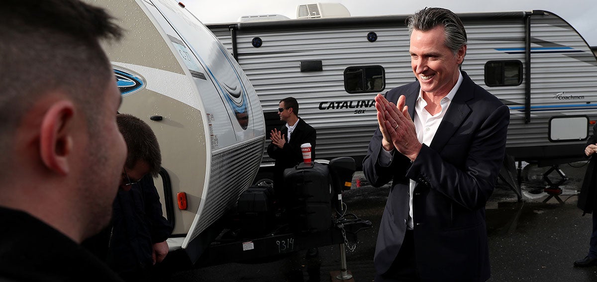 Governor Newsom looks at FEMA trailers that will be used as temporary housing for people experiencing homelessness in California