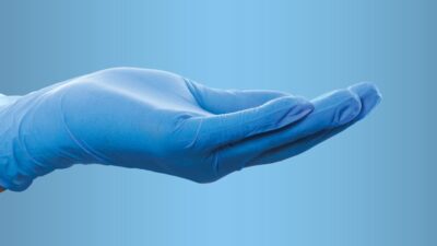 blue gloved hand
