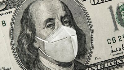 One hundred dollar bill with Benjamin Franklin wearing a mask