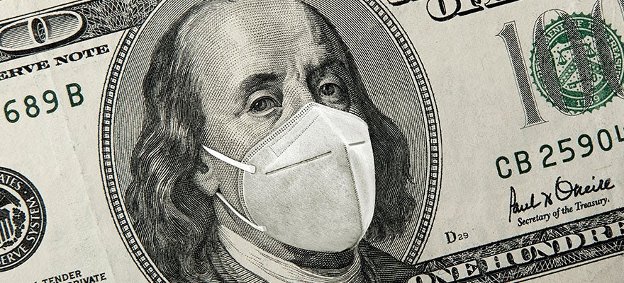 One hundred dollar bill with Benjamin Franklin wearing a mask