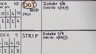 image of whiteboard showing dosage and timing of Managed Alcohol Program pilot