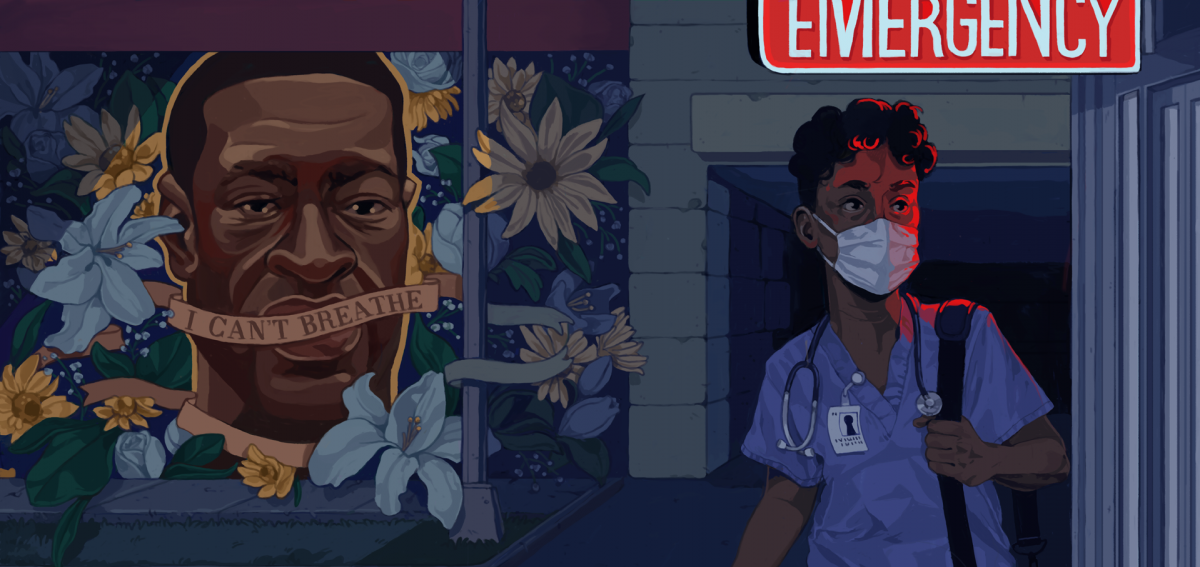 Illustration of Black health care worker exiting an emergency department whose entrance is decorated with a mural of George Floyd