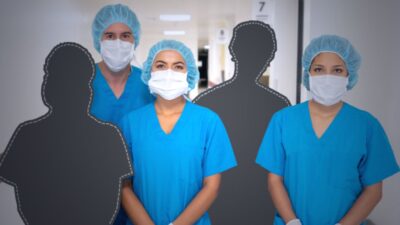 Photo illustration of health care workers with colleagues missing, only silhouettes showing