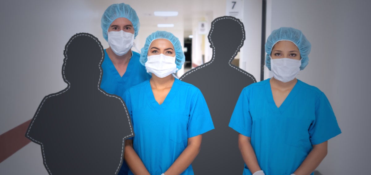 Photo illustration of health care workers with colleagues missing, only silhouettes showing