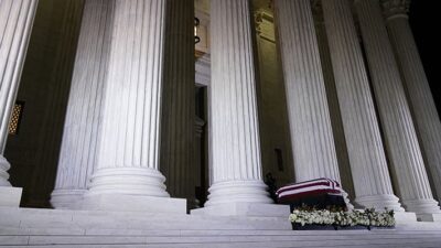 The casket of Justice Ruth Bader Ginsburg lies in repose on the steps of the Supreme Court