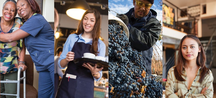 Collage of health care worker, waiter, farm-worker, and retail salesperson