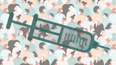 illustration of crowd wearing mask and syringe