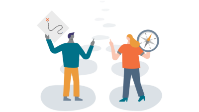Illustration of two people using map and compass