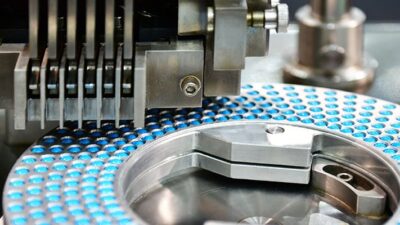 blue pills are sorted for packaging by machine
