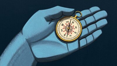 illustration of blue hand holding compass with COVID-19 virus on the dial