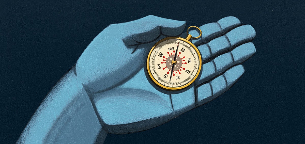 illustration of blue hand holding compass with COVID-19 virus on the dial