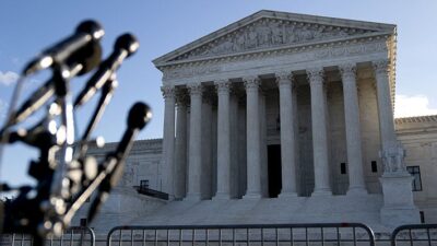 Microphones set up in front of the U.S. Supreme Court