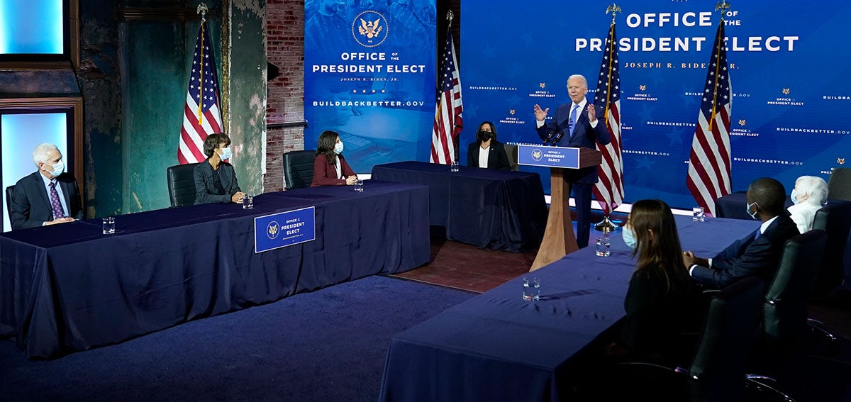 President-elect Joe Biden speaks during an event to introduce nominees and appointees to economic policy posts