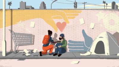 Illustration of doctor treating a person experiencing homelessness in the field. Also called "backpack medicine"