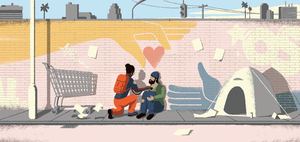 Illustration of doctor treating a person experiencing homelessness in the field. Also called "backpack medicine"