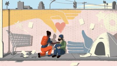 Illustration of doctor treating a person experiencing homelessness in the field. Also called "backpack medicine"