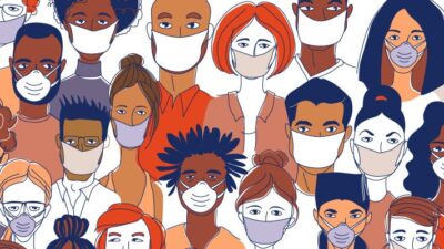 illustration of a crowd of people wearing masks