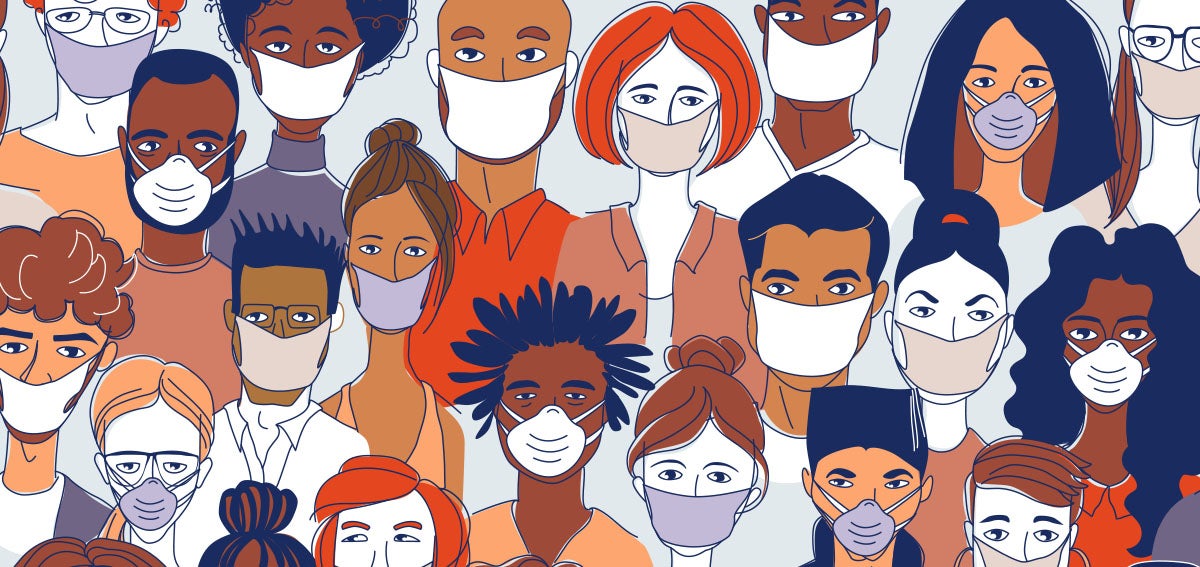 illustration of a crowd of people wearing masks