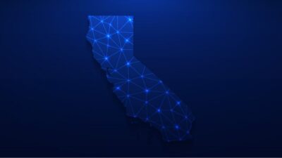 Map of California with a model of a network mesh overlaid