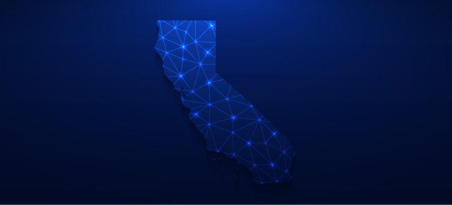 Map of California with a model of a network mesh overlaid